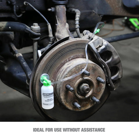 Installed view of OEMTOOLS Bleed-O-Matic One-Man Brake Bleeder Kit with clear tubing on a vehicle brake rotor
