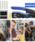 All In One Crimping Tool Kit For Ethernet And Phone Cables With RJ45 Cutter Wire Stripper And Network Crimper Portable Cable Connector Crimper For LAN Setup And Internet Repair On The Go showcasing tools and usage