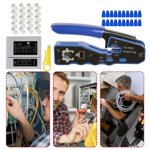All In One Crimping Tool Kit For Ethernet And Phone Cables With RJ45 Cutter Wire Stripper And Network Crimper Portable Cable Connector Crimper For LAN Setup And Internet Repair On The Go showcasing tools and usage