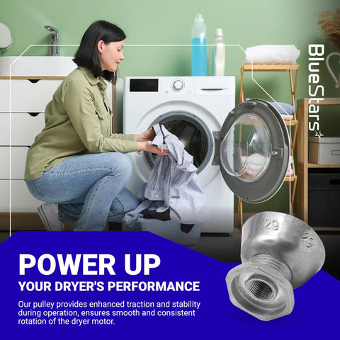 Woman loading laundry with Dryer Motor Pulley 29 Inch Replacement Direct Fit For Whirlpool Kenmore Maytag Dryers displayed.