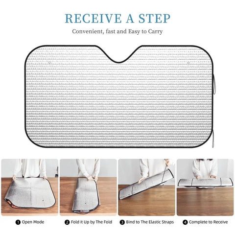Funny Windshield Sun Shade For Cars Blocks UV Rays And Heat Front Window Sunshade Waterproof Polyester With Bubble Aluminum, folding steps shown