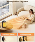 Woman enjoying warmth from Portable 1500W Space Heater With PTC Ceramic Heating, Quiet Fan Modes, in cozy living room setting.