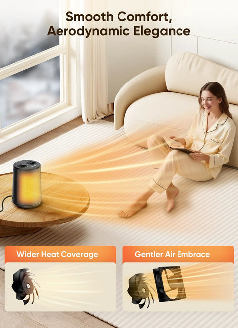 Woman enjoying warmth from Portable 1500W Space Heater With PTC Ceramic Heating, Quiet Fan Modes, in cozy living room setting.