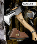 Beast Camping Hatchet Hand Forged 14.7 Inch Splitting Axe With Leather Sheath next to birch tree, showing dimensions and weight.