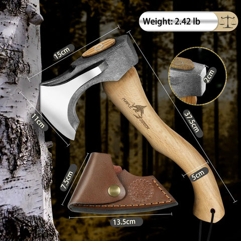 Beast Camping Hatchet Hand Forged 14.7 Inch Splitting Axe With Leather Sheath next to birch tree, showing dimensions and weight.