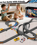 Children playing with Epic Slot Car Racing Track Kit with 4 Cars, featuring flash bridge and pendulum overpass, on living room floor.