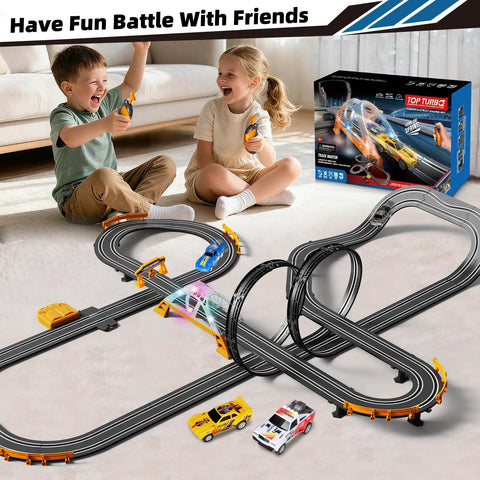 Children playing with Epic Slot Car Racing Track Kit with 4 Cars, featuring flash bridge and pendulum overpass, on living room floor.