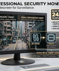 18.5 Inch LED CCTV Security Monitor With HDMI Downscaled 4K Support BNC In Out Built In Speaker And VESA Mount For 24 Seven Home Office Surveillance Crystal Clear Images, shown on a desk with display features highlighted.