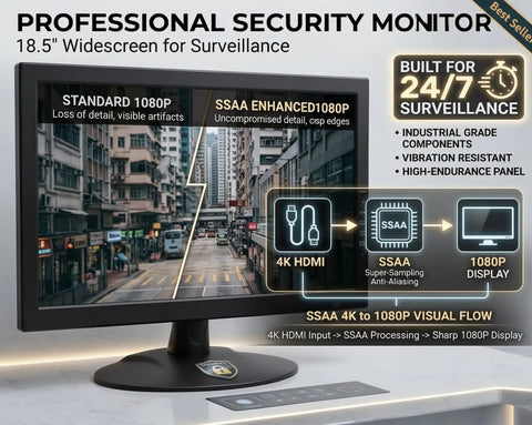 18.5 Inch LED CCTV Security Monitor With HDMI Downscaled 4K Support BNC In Out Built In Speaker And VESA Mount For 24 Seven Home Office Surveillance Crystal Clear Images, shown on a desk with display features highlighted.
