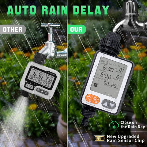 Comparison of two water timers, featuring Auto Rain Delay function, attached to garden hoses with LCD displays in rain.