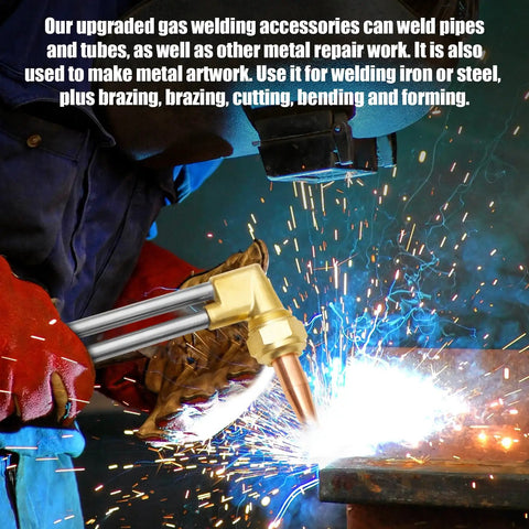 Top Shelf Oxygen Acetylene Torch Kit With Dual Gas Tanks Portable Welding Cutting And Brazing Rig featuring brass torch head welding metal.