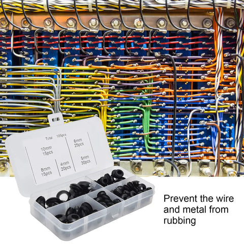 105 Piece Rubber Grommet Set For Wiring, Plumbing, And Cables, Guards Wires From Friction, Built Tough Rubber Construction, Five-Size Variety For Easy Replacement And DIY Projects, black grommets in labeled case