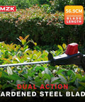 Cordless Pole Hedge Trimmer Attachment With 23 Inch Blade, 8 Foot Reach, Multi Angle Head, Extension Pole, Dual Battery System And Charger Included, Easy Cut, Low Vibration, Red And Black in use on garden hedge.
