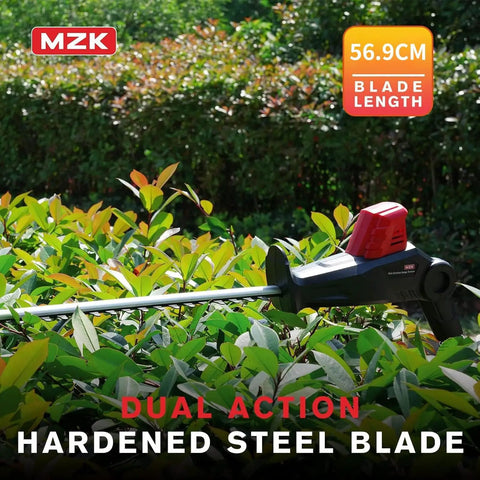 Cordless Pole Hedge Trimmer Attachment With 23 Inch Blade, 8 Foot Reach, Multi Angle Head, Extension Pole, Dual Battery System And Charger Included, Easy Cut, Low Vibration, Red And Black in use on garden hedge.