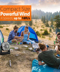 Campers using 20000mAh Battery Powered Camping Fan With 58 Hours Of Runtime 400 Lumen Light at a campsite with blue tents.