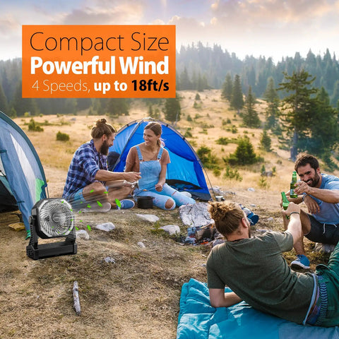 Campers using 20000mAh Battery Powered Camping Fan With 58 Hours Of Runtime 400 Lumen Light at a campsite with blue tents.