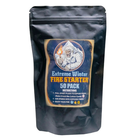 Black package labeled 'Extreme Winter Fire Starter 50 Pack' with image of yeti holding a flame. Starter Plugs 50 Pack For Extreme Winter Weather Fire Lighting Survival Outdoors 50 Plus Fires For Campfires Fireplaces Grills Bbq And Emergency Kits With Extra Long Burn Time.