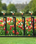 180 Degree Micro Sprinkler Heads With 12 Inch Stakes And One Quarter Inch Tubing watering colorful flower garden