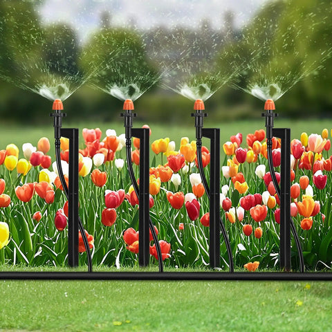 180 Degree Micro Sprinkler Heads With 12 Inch Stakes And One Quarter Inch Tubing watering colorful flower garden