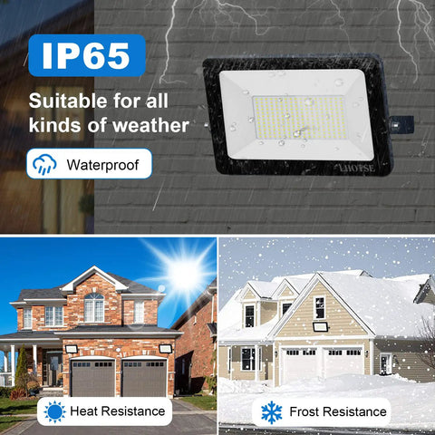 Two Pack 50W LED Flood Lights Outdoor Plug In 7000 Lumen IP65 Waterproof Security Lights For Yard Garden Patio Playground Daylight 6500K Crazy Bright Wide 120 Degree Beam, showcasing weather resistance in rain, sun, and snow.