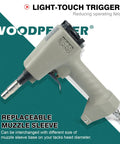 Pneumatic Decorative Nail Gun 7 16 Inch Deco Tack Nailer with ergonomic handle and replaceable muzzle sleeve.