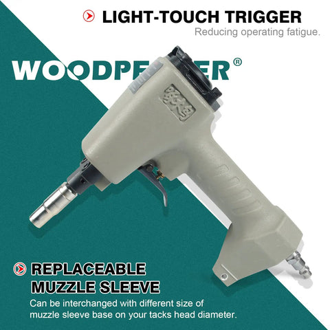 Pneumatic Decorative Nail Gun 7 16 Inch Deco Tack Nailer with ergonomic handle and replaceable muzzle sleeve.