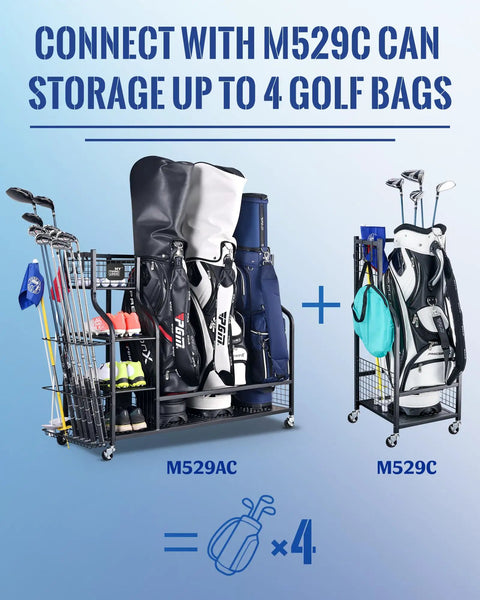 Boss Level Extra Large Golf Bag Storage Organizer holding 4 bags, 3 tier shoe racks, hooks, lockable wheels, club display