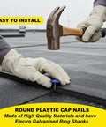 Installing Legit Heavy Duty Plastic Cap Roofing Nails 1 1/4 Inch Electro Galvanized Shingle Fasteners on roof.