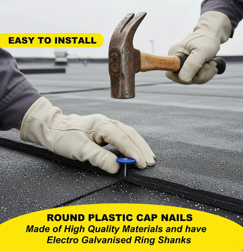 Installing Legit Heavy Duty Plastic Cap Roofing Nails 1 1/4 Inch Electro Galvanized Shingle Fasteners on roof.