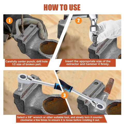 Steps using Fifteen Piece Screw Extractor Set With Three Eighths Inch Hex Drive Direct Wrench Ready No Socket Needed Easy Out Bolt Remover Kit For Stripped Damaged Screws Bolts And Nuts Multi Spline Design
