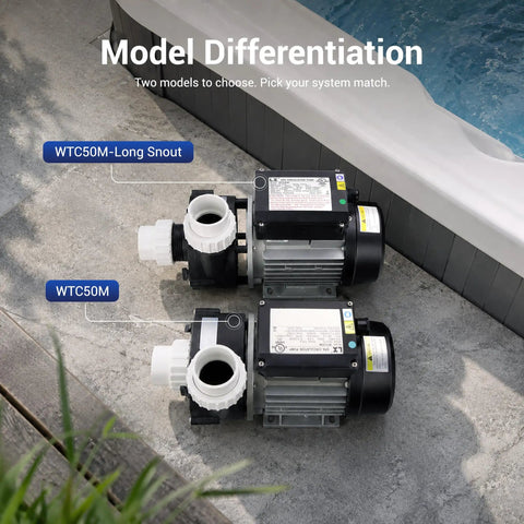 Top Rated Hot Tub Circulation Pump Runs Like A Champ With Smooth Sixty Three Gpm Flow And Solid 230V Power For Dependable Spa Maintenance Straight Up Upgrade For Any Backyard Setup Now, showing WTC50M and WTC50M-Long Snout models.