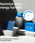 MPPT Solar Charge Controller 100V 50A for 12 and 24 Volt Systems displayed with battery and solar panel