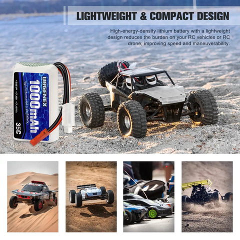 2S Lipo Battery 7.4V 1000mAh 35C Burst 70C next to RC car on sand with JST plug and compact design