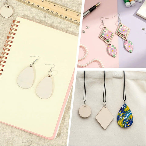 Unfinished Wooden Earring Blanks Set With Teardrop, Circle, Leaf, And Diamond Shapes, 60 Blanks Plus 60 Earring Hooks And 60 Jump Rings For DIY Jewelry Making