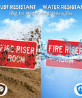 Heavy Duty Rustproof Aluminum Fire Riser Room Signs Two Pack shown in dust and water resistance tests, 10x7 inch size.