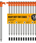 Beefy Heavy Duty Camping Tent Stakes 12 Pack With 7.1 Inch Rust Resistant Metal Pegs And Orange Rubber Sleeves front view