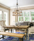 Farmhouse Wood Drum Chandelier For Dining Room And Kitchen Island Handcrafted Birch Light Fixture For Foyer With Warm Rustic Glow 15.5 Inch Diameter Ceiling Pendant Lighting over rustic dining table