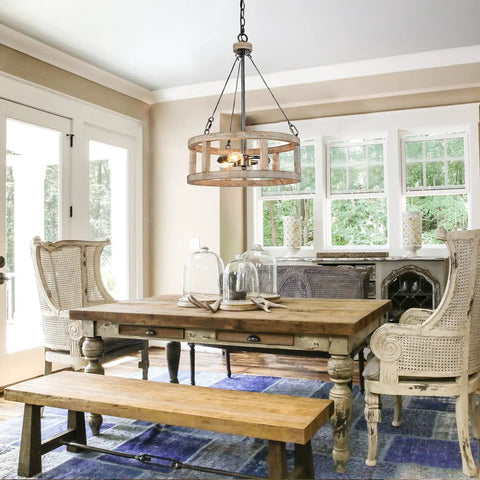 Farmhouse Wood Drum Chandelier For Dining Room And Kitchen Island Handcrafted Birch Light Fixture For Foyer With Warm Rustic Glow 15.5 Inch Diameter Ceiling Pendant Lighting over rustic dining table
