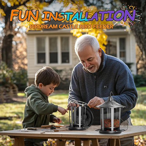 Two Pack Outdoor Hanging Bird Feeders With Quick One Minute Setup And Charming Castle Design Attracting Cardinals Chickadees Goldfinches And Sparrows Black Easy To Assemble For Family Fun And A Great Gift. An older man and child assembling the feeder on a wooden table outdoors in a yard.