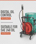 Heavy Duty Pneumatic Oil Pump Kit With 50 Foot Retractable Air Hose Reel 3.7 GPM showing digital oil control and green barrel.