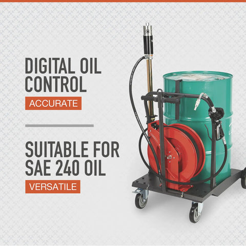 Heavy Duty Pneumatic Oil Pump Kit With 50 Foot Retractable Air Hose Reel 3.7 GPM showing digital oil control and green barrel.