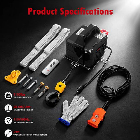 3 In 1 Electric Hoist Winch 1100 Lbs Portable Power Crane With Manual, Wired And Wireless Remote Control, 25 Foot Lift Height, Overload Protection For Lifting, Towing And Vehicle Recovery. Accessories laid out on black background.