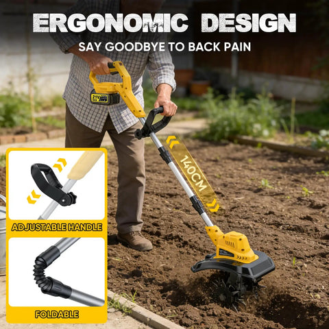Beast Cordless Tiller Cultivator With 800W Motor And 400RPM being used in a garden, showcasing ergonomic design and adjustable handle.