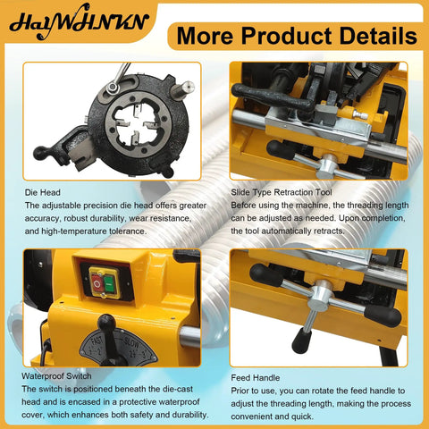 Close-up of adjustable die head on Heavy Duty Electric Pipe Threader Cutter Machine That Makes Short Work Of Steel Copper And Galvanized Pipe Up To 3 Inches With NPT BSPT Dies For Plumbing No Sweat.