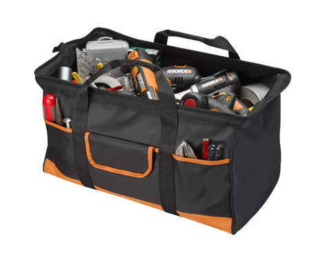 Big Zippered Tool Tote For DIY Pros with multiple tools inside, heavy duty nylon case, twin carry handles, exterior pockets visible