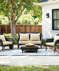 Outdoor patio setup with beige 24x24 outdoor chair cushions for patio furniture with linen textured waterproof fabric, ties and no slip design.