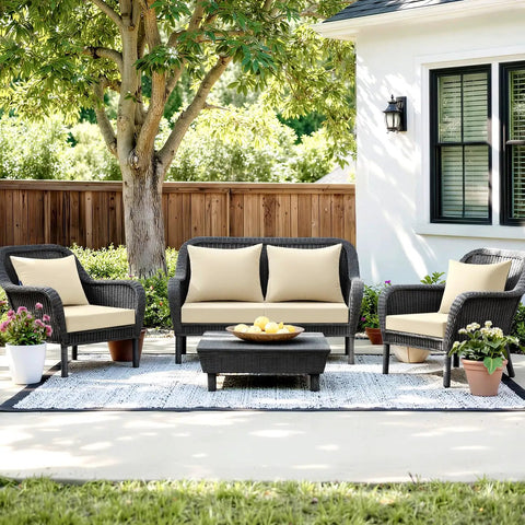 Outdoor patio setup with beige 24x24 outdoor chair cushions for patio furniture with linen textured waterproof fabric, ties and no slip design.