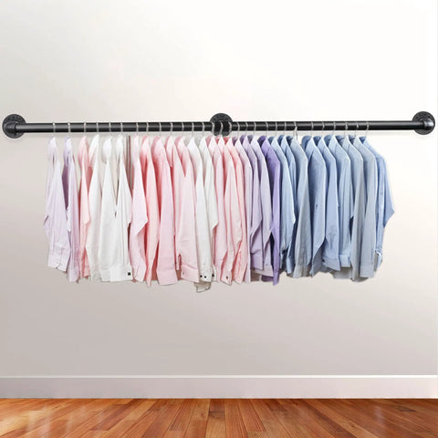 Solid As A Rock 5Ft Galvanized Steel Handrail For Indoor Outdoor Steps Built Tough With Rust Resistant Coating No Sweat Install Heavy Duty Wall Mount Stair Railing Guard displaying shirts hanging on a black pipe rail.