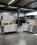 72 Inch Rolling Tool Chest Cabinet With Wheels, 15 Drawers, 2 Pack Stainless Steel Tool Cabinets With Power Socket in garage