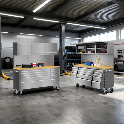 72 Inch Rolling Tool Chest Cabinet With Wheels, 15 Drawers, 2 Pack Stainless Steel Tool Cabinets With Power Socket in garage